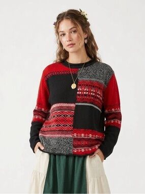 Vintage Grannycore Chenille Patchwork Sweater Fair Isle Boho Cottagecore Goblin